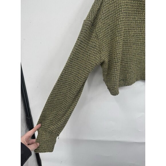 Free People Waffle Knit Cropped Top Women Small Green Oversized Lagenlook Boho - Picture 9 of 12